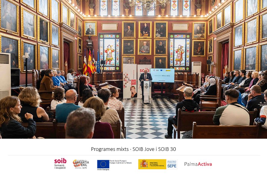 PalmaActiva's tweet photo. Hem assistit a la Sala de Plens de l’Ajuntament de Palma a la cloenda de 5 projectes dels programes mixts SOIB Formació i Ocupació #SOIB30 i #SOIBJove.
Gràcies a aquests projectes s'han contractat 30 persones majors de 30 anys i 20 joves menors de 30 anys. ⬇️ https://t.co/15lIdPG748