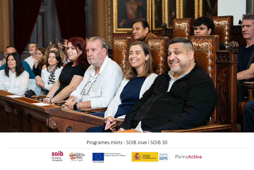 PalmaActiva's tweet photo. Hem assistit a la Sala de Plens de l’Ajuntament de Palma a la cloenda de 5 projectes dels programes mixts SOIB Formació i Ocupació #SOIB30 i #SOIBJove.
Gràcies a aquests projectes s'han contractat 30 persones majors de 30 anys i 20 joves menors de 30 anys. ⬇️ https://t.co/15lIdPG748