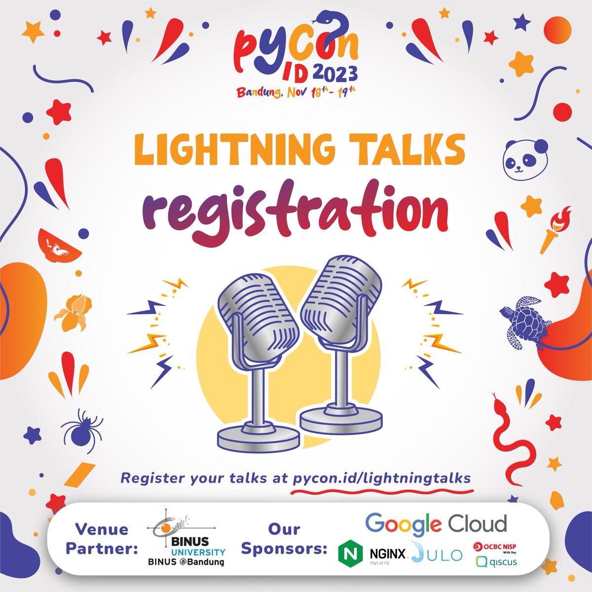 id_python's tweet image. Dear, Participants
Lightning Talk Submission is now open! Lightning Talk duration is 5 minutes and only offline participant are able to present.
Register yourself at pycon.id/lightningtalks! #PyCon #PyConID #PyConID2023 #Python #PythonID