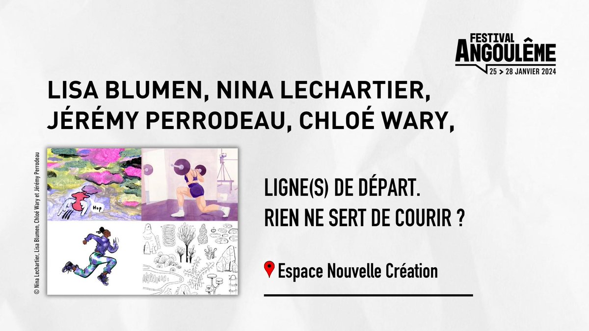 PROGRAMMATION JEUNESSE ET JEUNE CRÉATION ⬇️  L'exposition « Ligne(s) de départ. Rien ne sert de courir ? » explorera la thématique du départ dans les courses sportives à travers des créations de Lisa Blumen, Nina Lechartier, Jérémy Perrodeau et Chloé Wary. #FIBD2024
