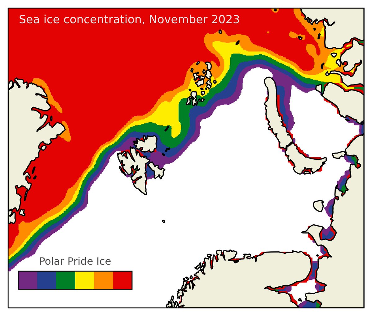 The #PolarPride Ice flag 🏳️‍🌈 is waving across the Barents Sea. 

The sea-ice concentration for first two weeks of November 2023 is presented in 🌈 colors.

Not even the colorbar is straight
💜💙💚💛🧡❤
Happy #PolarPride