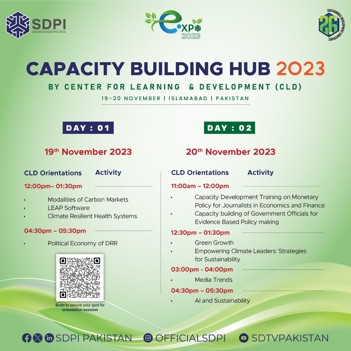 @Abidsuleri @vaqarahmed @Sajidaminjaved @KhalidWaleed_ @SattiSadia CLD's initiative 'Capacity Building Hub' during Sustainable Investment EXPO #SIE2023 is offering multidimensional training sessions ranging from: 🏭Carbon Markets 📊Emission modelling ⚕Health systems 🗒Political Economy of DRR 📒Economic reporting 📈Green Growth 🤝Governance