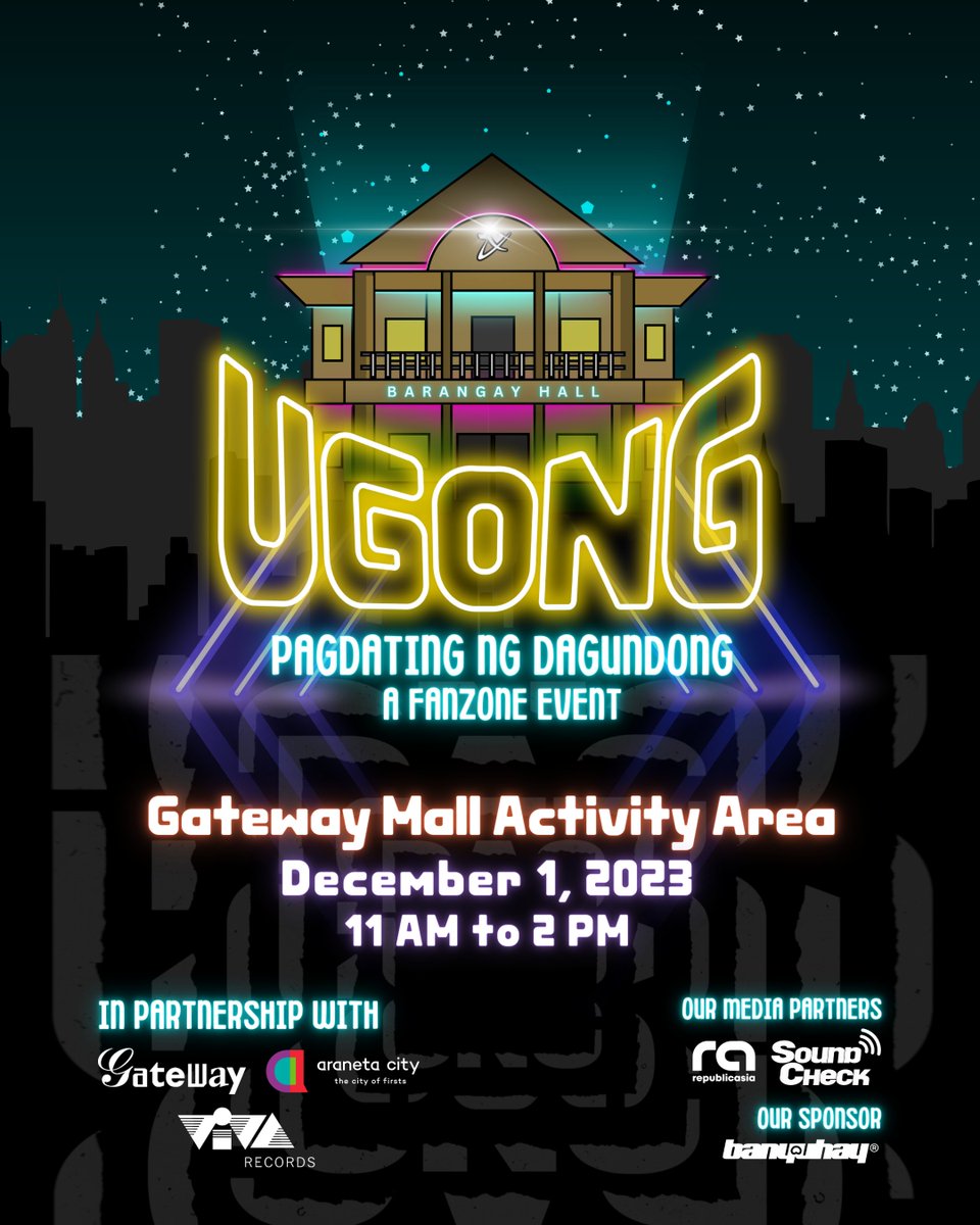 SoundCheckPH's tweet photo. PILIPINAS, HANDA ‘RAP! ❤️‍🔥

Mga Magiliw! Let’s make some noise and join at UGONG: Pagdating ng Dagundong! A Fanzone Event on December 1, 11 AM to 2 PM at Gateway Mall Activity Area ✨

See you there, SoundCheck Fam! 💜
#SoundCheckPH #ALAMATDAGUNDONG #UGONG2023 #DAGUNDONG https://t.co/FFBPmyCv2M