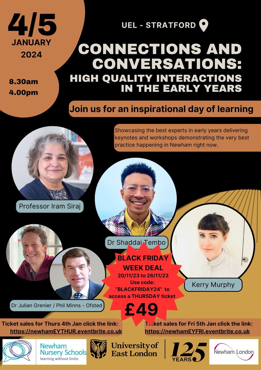 It's time to make savings next week! We've jumped on the Black Friday bandwagon, offering £49 tickets to The Newham Nursery Schools EYFS Conference - Thursday tickets only. That's a saving of 30%! Starting tomorrow! @SirajIram @CriticalEYears @juliangrenier @PhilMinns @UEL_News