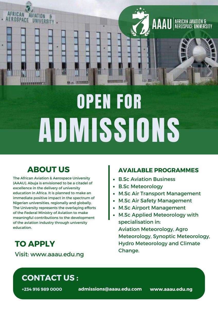 Admission for the 2023/2024 Academic Session  Is On.
Apply Now,
Visit, aaau.edu.ng 

For enquiries, contact:
+234 916 989 0000
admissions@aaau.edu.ng
#aviation 
#aviationdaily 
#aviationlovers 
#aviationandaerospaceuniversity
#africanaviation 
#aviationeducation