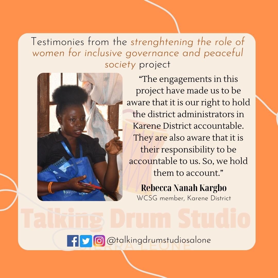 Testimonies from the ‘Strengthening the role of women for inclusive governance and a peaceful society in 🇸🇱’ project are alive.

Thanks to <a href="/IrlEmbFreetown/">Ireland in Sierra Leone</a> for their support. To our partners <a href="/fiftyfiftygrpsl/">50/50 Group Sierra Leone</a> <a href="/BAN/">.</a>