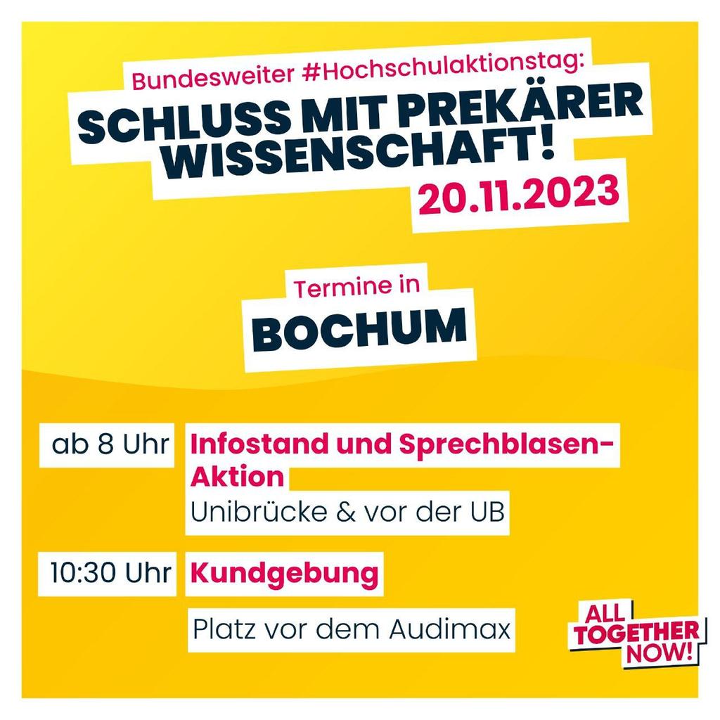 Spread the word: All together now! – #Hochschulaktionstag (20.11) in #Bochum

Bundesweite Homepage: hochschulaktionstag.de
Aufruf für die #RuhrUni: ruhruniunbefristet.wordpress.com/2023/11/14/hoc…

#IchbinHanna #IchbinReyhan #WissZeitVG #Wissenschaf #Zusammengehtmehr #ÖD