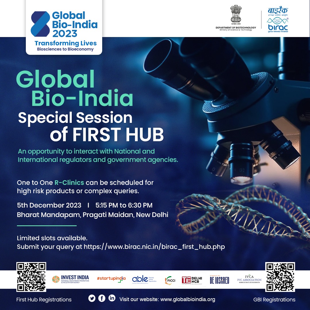 Special Session of First Hub at #GlobalBioIndia2023. An opportunity to interact with regulators and government agencies. Limited slots available Register now: birac.nic.in/birac_first_hu… @GlobalBioIndia