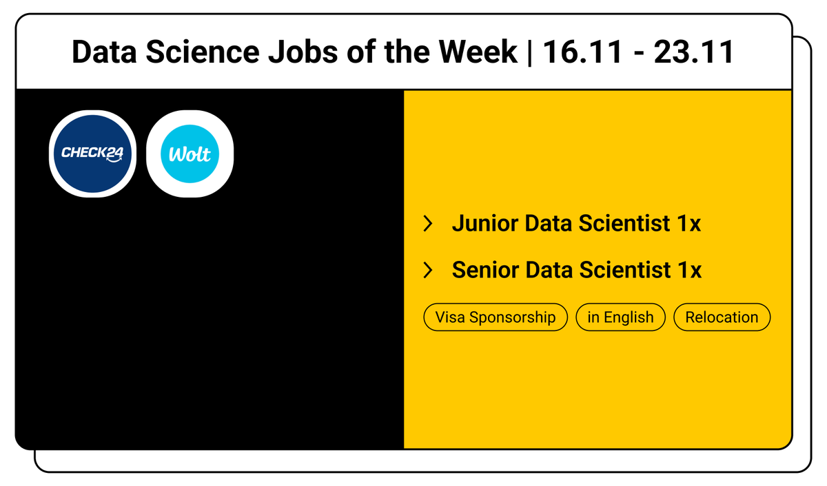 datajob_io's tweet photo. Hey all👋

This week's hand picked Data Science positions in📍Germany (w/ visa sponsorship):

- @check24de (price comparison)
- @woltapp (foodtech)

Check and apply: https://t.co/0ApUic58ui https://t.co/Dqo3dy3kno