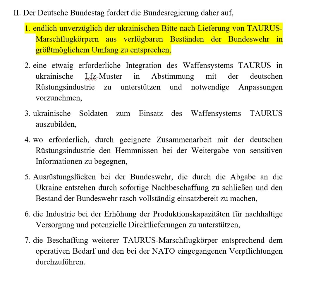 Als @cducsubt möchten wir, dass Deutschland der #Ukraine unverzüglich hochwirksame #Taurus-Marschflugkörper liefert. Die Ampel-Fraktionen überweisen den Antrag mit ihrer Mehrheit in die Ausschüsse. Dort kann er nun für bis zu 10 Wochen liegen. Zeit, die die Ukraine nicht hat!