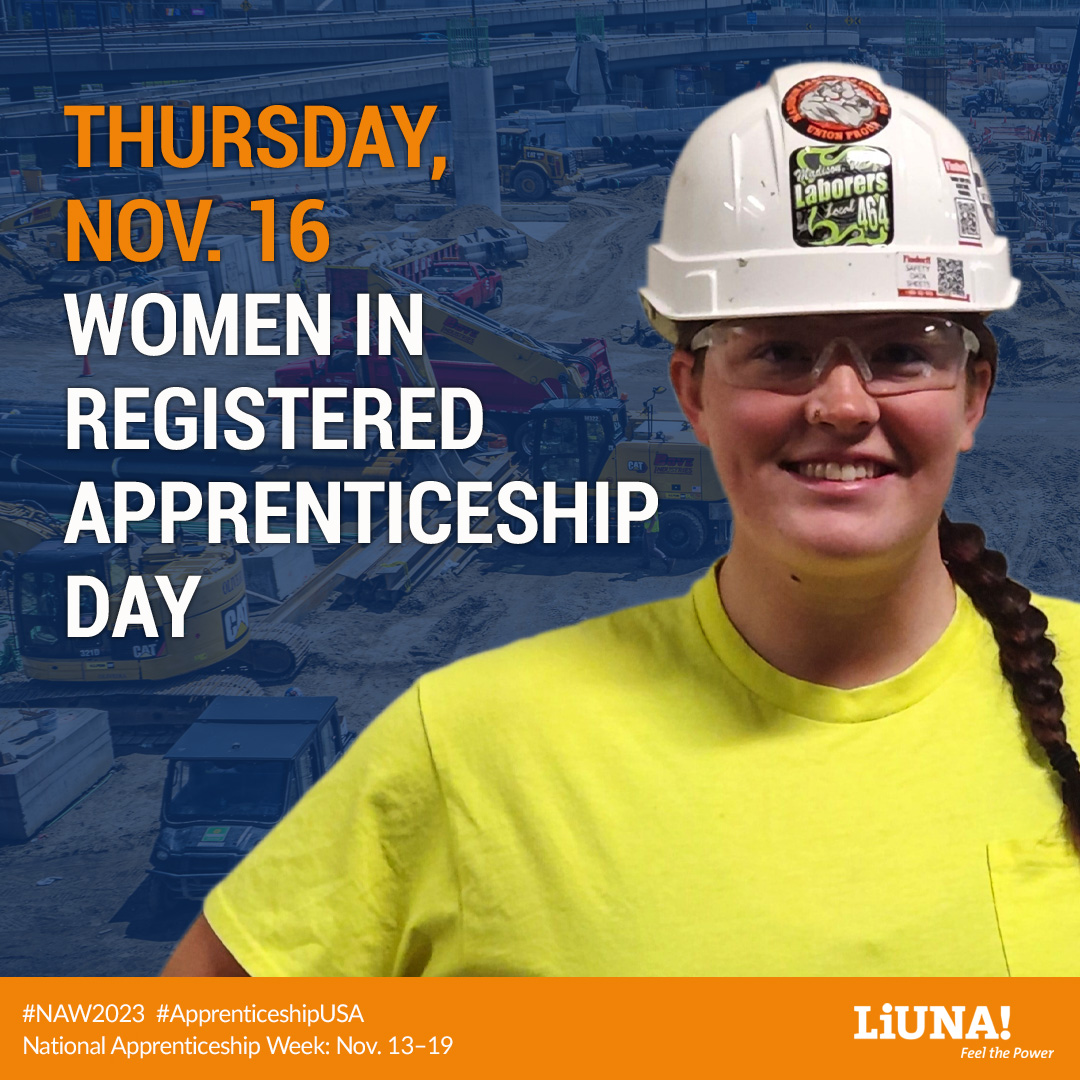 LIUNA's tweet photo. On Women in #ApprenticeshipDay, we celebrate your skills, dedication, and the strides you're making in traditionally male-dominated fields. Here's to breaking barriers, emPOWERment and paving the way for future generations! #NAW2023 #Apprenticeship #GirlPower https://t.co/04x8riK9B3