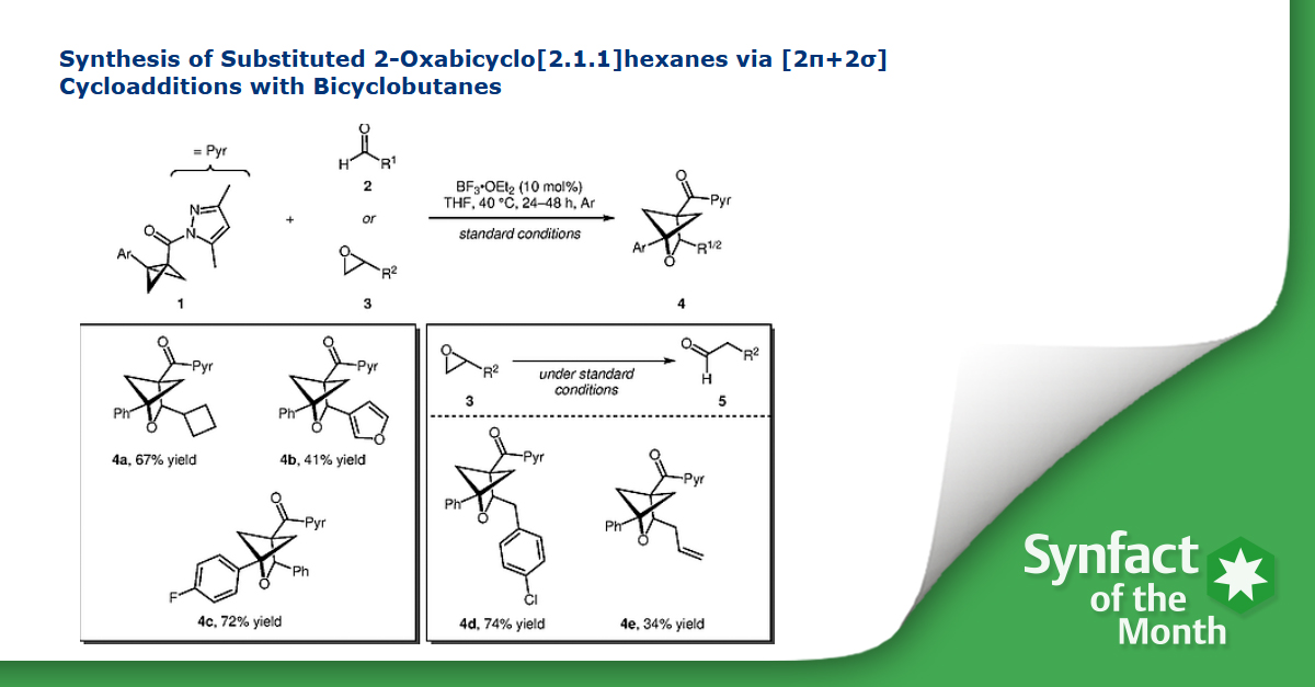 thiemechemistry's tweet photo. ❇️ In this Synfact of the month Mark Reed and Nick Michel (@IncParaza) highlighted the ´Synthesis of Substituted 2-Oxabicyclo[2.1.1]hexanes via [2π+2σ] Cycloadditions with Bicyclobutanes` by Glorius F. and co-workers.🧐 
👉 https://t.co/vtGM59MUnz https://t.co/jIxlr4wiNU