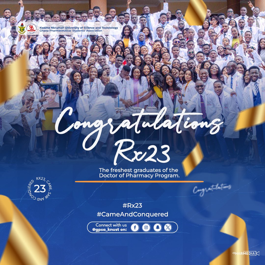 gpsa_knust's tweet photo. After six years of tireless studying and  countless nights spent pouring over books, you've made it! The right dose of determination led to this great achievement.Congratulations 🎊❤️ Rx'23

Cheers to hard work and dedication, Rx'23 Your journey was a prescription for success🥂🎊 https://t.co/pOLn6CMzxv