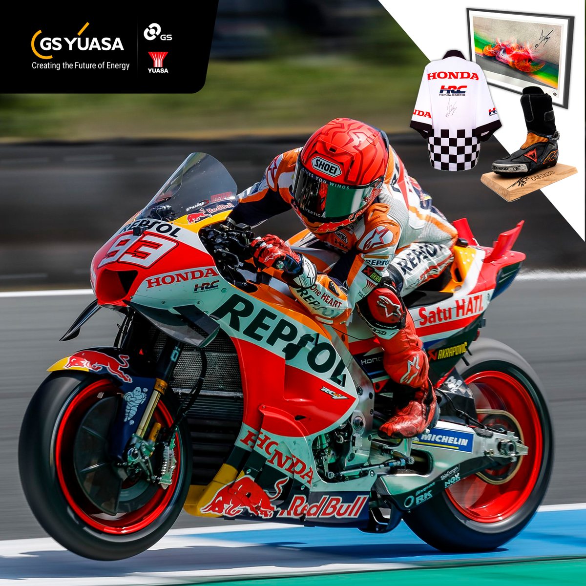 GSYuasaUK's tweet photo. This weekend is the penultimate round of the 2023 MotoGP season. Don’t miss your chance to win a signed HRC kimono, wall art print or racing book. Follow us and repost our pinned post to enter our exclusive competition #WinWithYuasa #PoweringWhatMatters #UpgradeToYuasa #GSYuasa https://t.co/Z4FZQZ9xHz