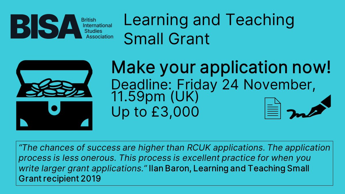 Applications are open for our Learning and Teaching Small Grant! Apply for funding of up to £3,000 to conduct research related to pedagogy/teaching, awards are tenable for one year Deadline 24 Nov Learn more: bisa.ac.uk/members/fundin… @bisa_ipeg @BisaCpd @bisa_ismmea #IR #Funding