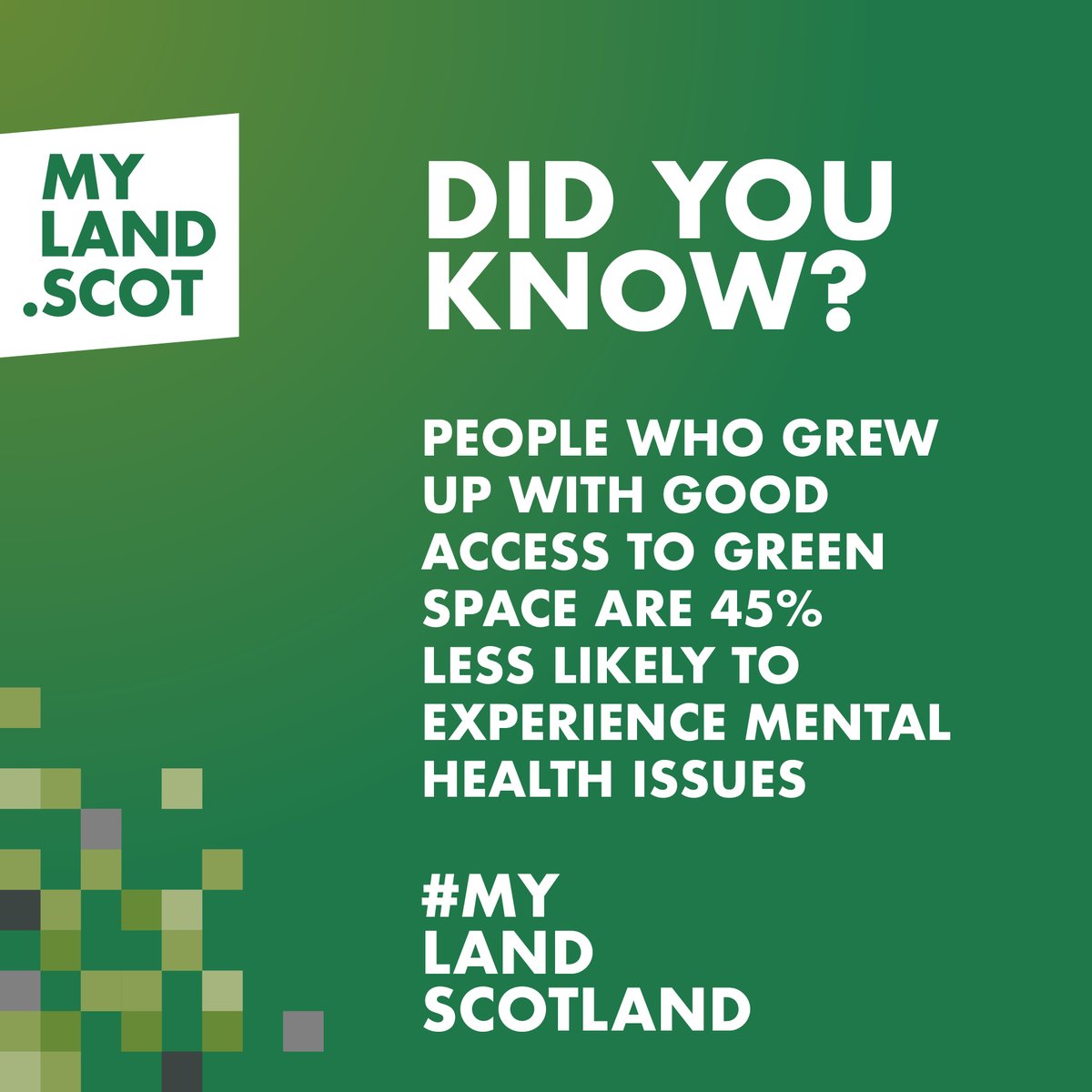 Did you know people who grew up with good access to green space are 45% less likely to experience mental health issues? Visit MyLand.scot and be inspired by the fantastic stories to see how you could make a difference in your area #MyLandScotland 🏴󠁧󠁢󠁳󠁣󠁴󠁿 ✨