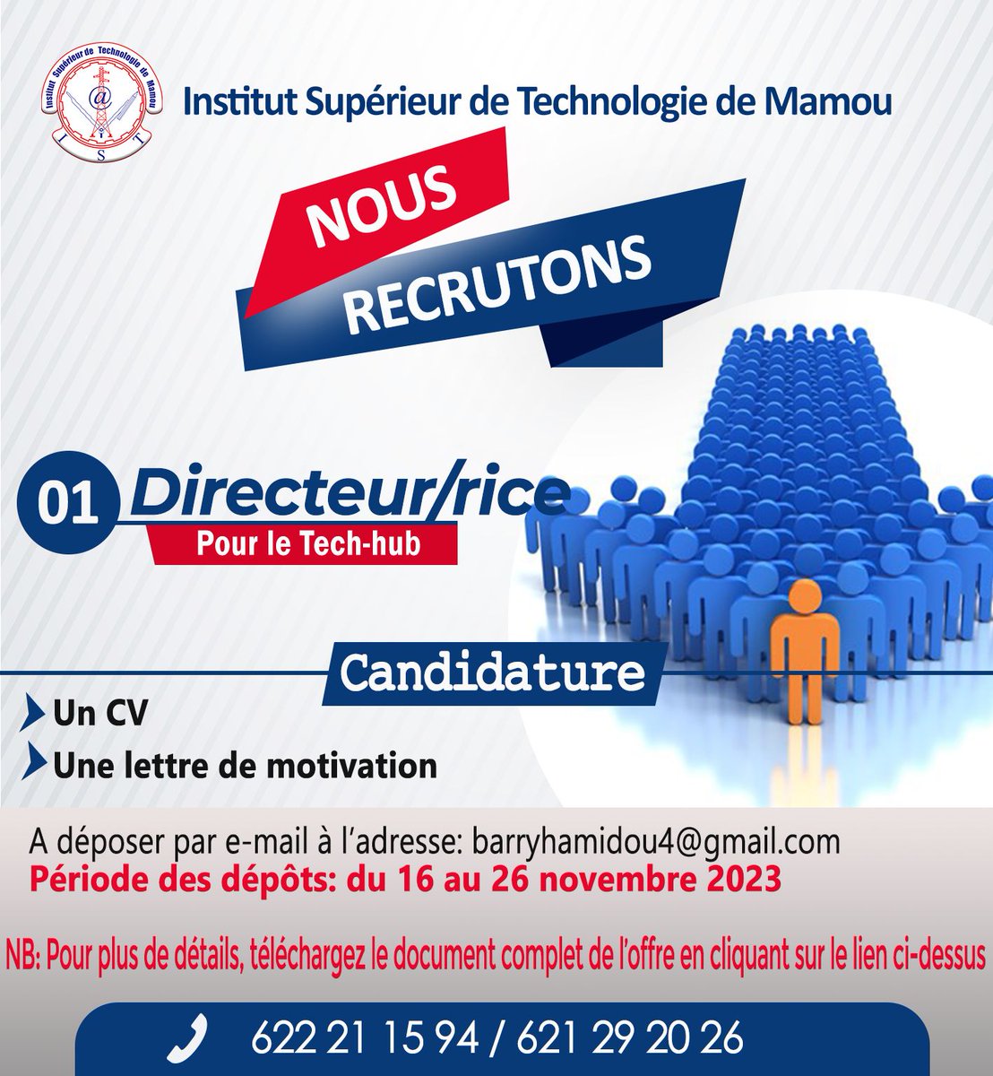 istmamou's tweet photo. 𝗡𝗶𝘂𝘀 𝗿𝗲𝗰𝗿𝘂𝘁𝗼𝗻𝘀 𝘂𝗻(𝗲) 𝗱𝗶𝗿𝗲𝗰𝘁𝗲𝘂𝗿/𝗿𝗶𝗰𝗲 𝗽𝗼𝘂𝗿 𝗹𝗲 𝗧𝗲𝗰𝗵-𝗵𝘂𝗯 𝗱𝗲 𝗹'𝗶𝗻𝘀𝘁𝗶𝘁𝘂𝘁.

https://t.co/7SbYWiYZbZ
𝗠𝗲𝗿𝗰𝗶 𝗱𝗲 𝗽𝗮𝗿𝘁𝗮𝗴𝗲𝗿!

𝗦𝗲𝗿𝘃𝗶𝗰𝗲 𝗶𝗻𝗳𝗼𝗿𝗺𝗮𝘁𝗶𝗼𝗻 𝗲𝘁 𝗰𝗼𝗺𝗺𝘂𝗻𝗶𝗰𝗮𝘁𝗶𝗼𝗻/𝗜𝗦𝗧 https://t.co/GJicBvVLpF