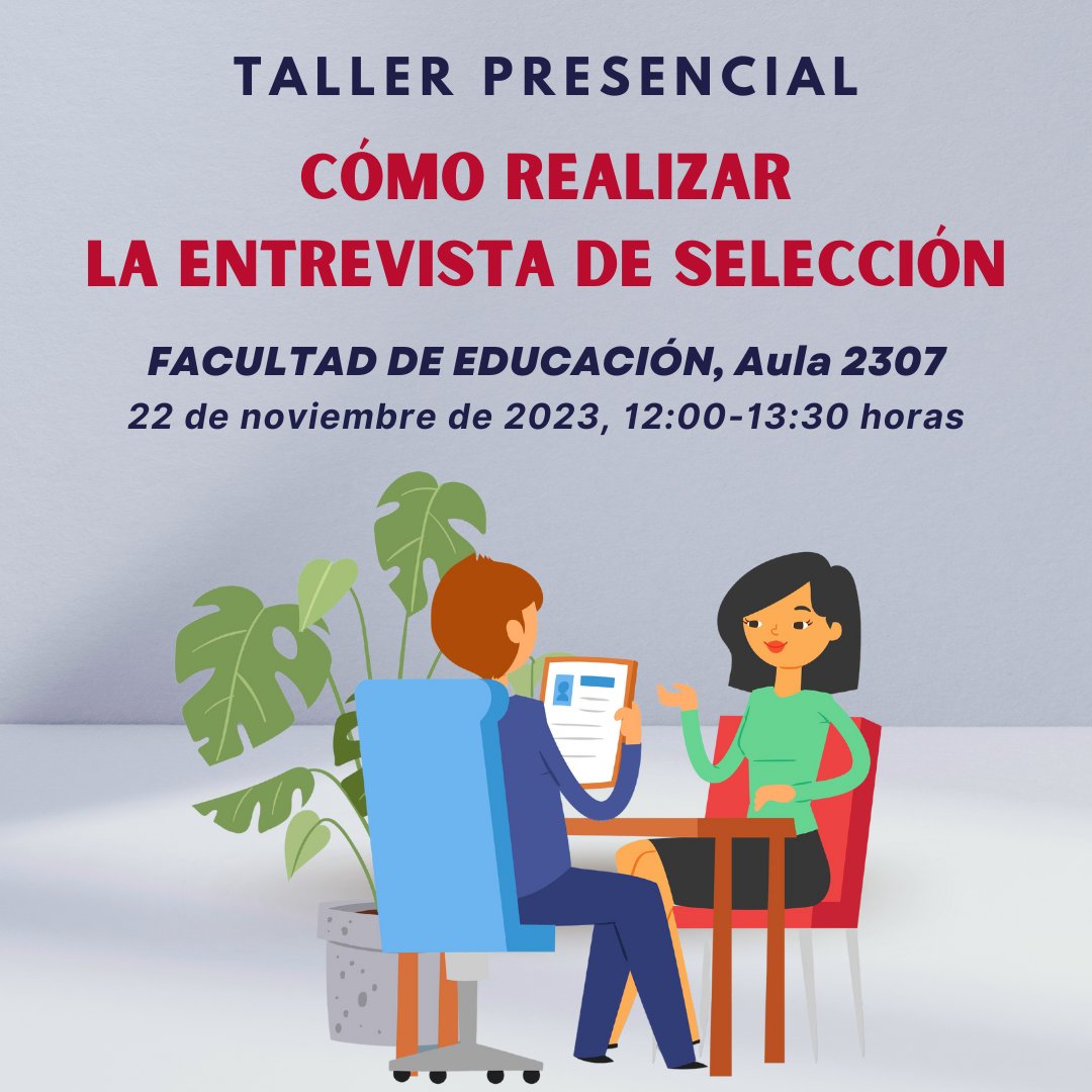 Dentro de las Jornadas de Salidas Profesionales que tendrán lugar el día 22/11/2023 en la <a href="/ucm_educacion/">Facultad Educación UCM</a> se realizarán los siguientes talleres que requieren inscripción: 
Cómo realizar un buen curriculum: ucm.es/ope/inscripcio…
La entrevista de selección: ucm.es/ope/inscripcio…