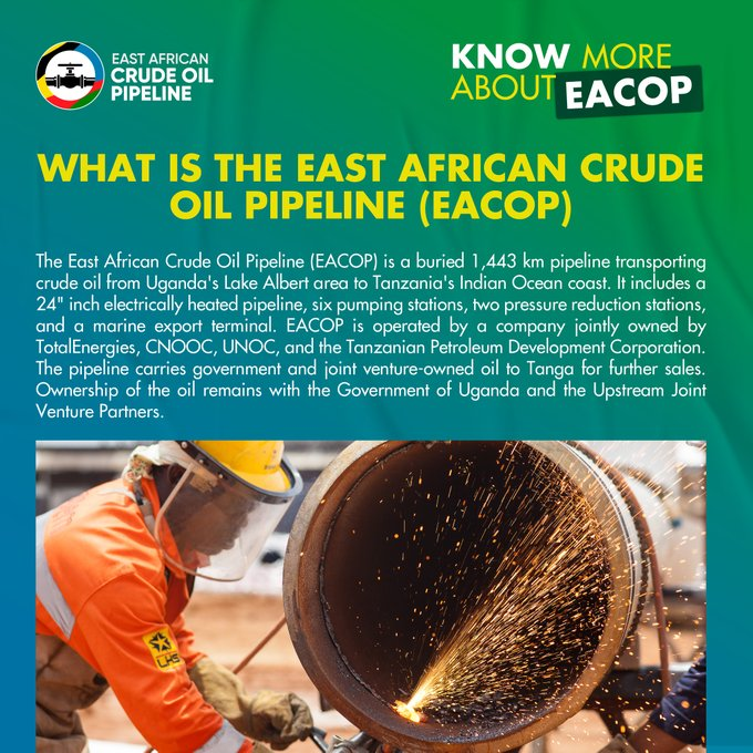 HusseinKidega's tweet photo. EACOP is a buried 1,443 km pipeline transporting crude oil from Uganda's Lake Albert area to Tanzania's Indian Ocean coast. #EnergyWeekUG https://t.co/Jab2Vx2zxW