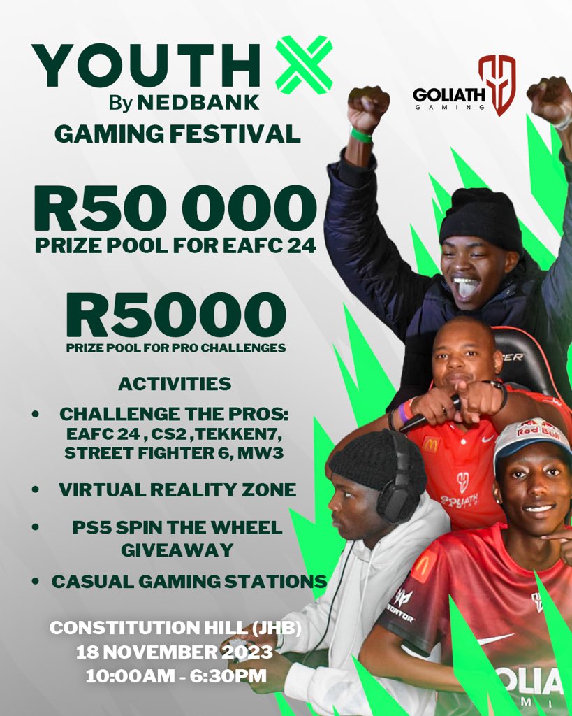 Goliath Gaming (@goliathgamingza) on Twitter photo Get ready for the ultimate gaming experience!🎮🔥
This Saturday, at Constitution Hill (JHB, Braamfontein), <a href="/YouthXByNedbank/">YouthX By Nedbank</a> and GG are doing it big! The YX’23 Gaming Festival is going to be jammed packed with all kinds of gaming action!
GG’s YX’23 eFootball Cup will see 132 of Get ready for the ultimate gaming experience!🎮🔥
This Saturday, at Constitution Hill (JHB, Braamfontein), <a href="/YouthXByNedbank/">YouthX By Nedbank</a> and GG are doing it big! The YX’23 Gaming Festival is going to be jammed packed with all kinds of gaming action!
GG’s YX’23 eFootball Cup will see 132 of