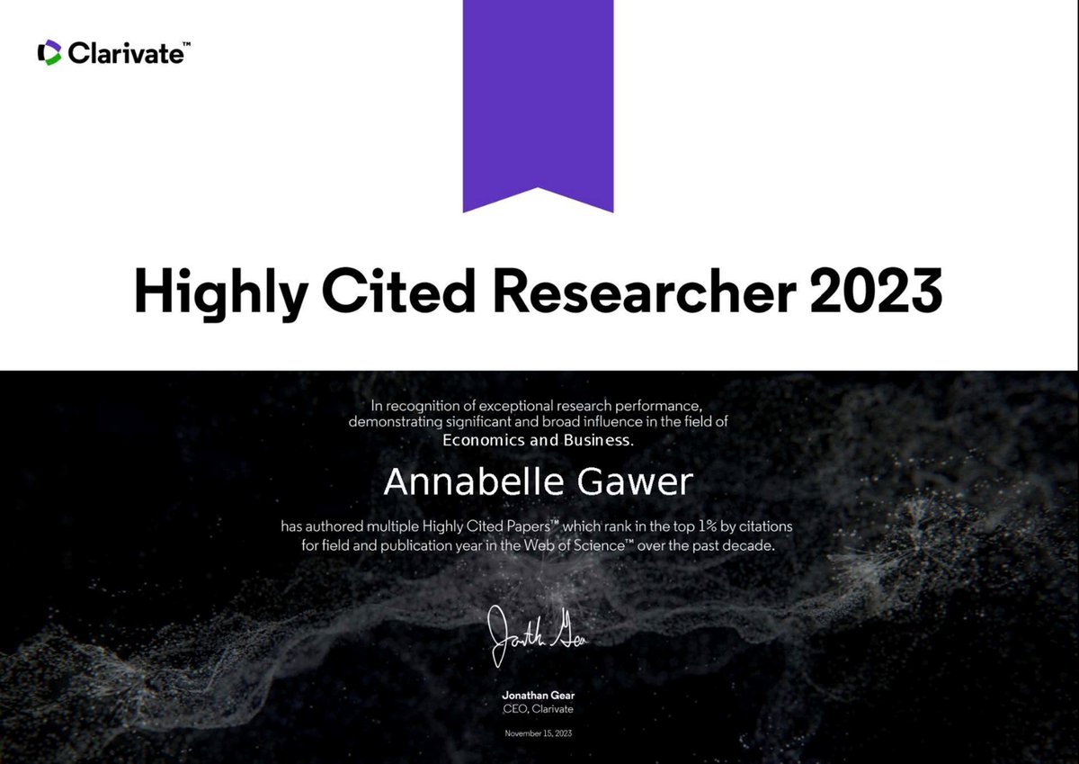 🏆🎉 A Huge Congratulations to @AnnabelleGawer , our esteemed CoDE director, on receiving the Highly Cited Researcher Award 2023! 🌟Professor Gawer stands out as one of only six recipients of this prestigious recognition in the #UK in the #Business and #Economics section.