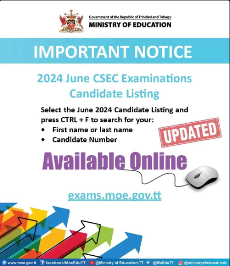 RentMyTutor's tweet image. 📌 Examinations Update📌
Updated June #CSEC2024 Examinations Candidate List
🔗Visit: buff.ly/47dbd6P
Select - (Candidate Listing) tab
Select the June 2024 Candidate Listing and press CTRL + F to search for your:
✅First /Last name
✅Candidate Number
✅Centre Listing
