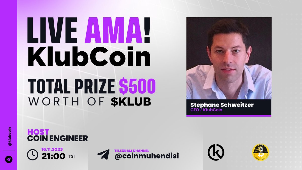 $500 USDT ÖDÜLLÜ, @KlubCoin ile düzenlediğimiz AMA etkinliğimizi kaçırmayın! 🗓 Bugün 21:00 🔴 Şartlar: - @KlubCoin, @airdropmuhendis ve @coinmuhendisim'i takip et! 💛 Bu tweeti beğen ve RT yap! ✏️ Bu gönderiye 2 arkadaşını etiketle ve sorunu sor!