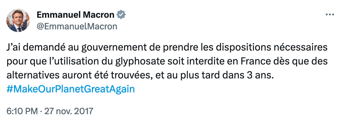 MickaCorreia's tweet photo. En 2017, Macron s’engageait à interdire le glyphosate. 

Six ans plus tard, la France, première puissance agricole de l'UE, s'abstient lors d'un vote sur son autorisation. https://t.co/sufEWkRviQ