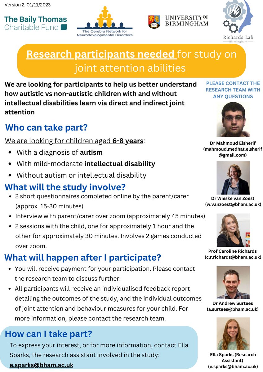 Ella Sparks (@ellas_psych) on Twitter photo 🚨 Call for research participants! 🚨
We are looking for children aged 6-8 to help us better understand how autistic children with intellectual disabilities use joint attention.
Please RT/share.
<a href="/UoB_SoP/">School of Psychology, University of Birmingham</a> <a href="/MamsMandrill/">Mahmoud Elsherif @mamsmandrill@mastodon.world🇺🇦</a> <a href="/DrAndrewSurtees/">Andrew Surtees</a> <a href="/CerebraNetwork/">Cerebra Network</a> <a href="/RichardsLabUoB/">Richards Lab</a> 🚨 Call for research participants! 🚨
We are looking for children aged 6-8 to help us better understand how autistic children with intellectual disabilities use joint attention.
Please RT/share.
<a href="/UoB_SoP/">School of Psychology, University of Birmingham</a> <a href="/MamsMandrill/">Mahmoud Elsherif @mamsmandrill@mastodon.world🇺🇦</a> <a href="/DrAndrewSurtees/">Andrew Surtees</a> <a href="/CerebraNetwork/">Cerebra Network</a> <a href="/RichardsLabUoB/">Richards Lab</a>