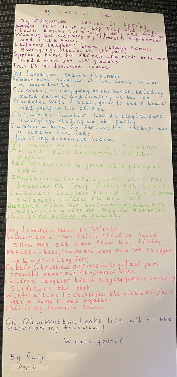 USLSchool's tweet image. A few weeks ago we took our Year 1 and 2 children to see the brilliant @MichaelRosenYes at @CheltLitFest 
Ruby was so inspired that she wrote this brilliant seasons poem! 
#readingforpleasure #readersintowriters #poetsrock