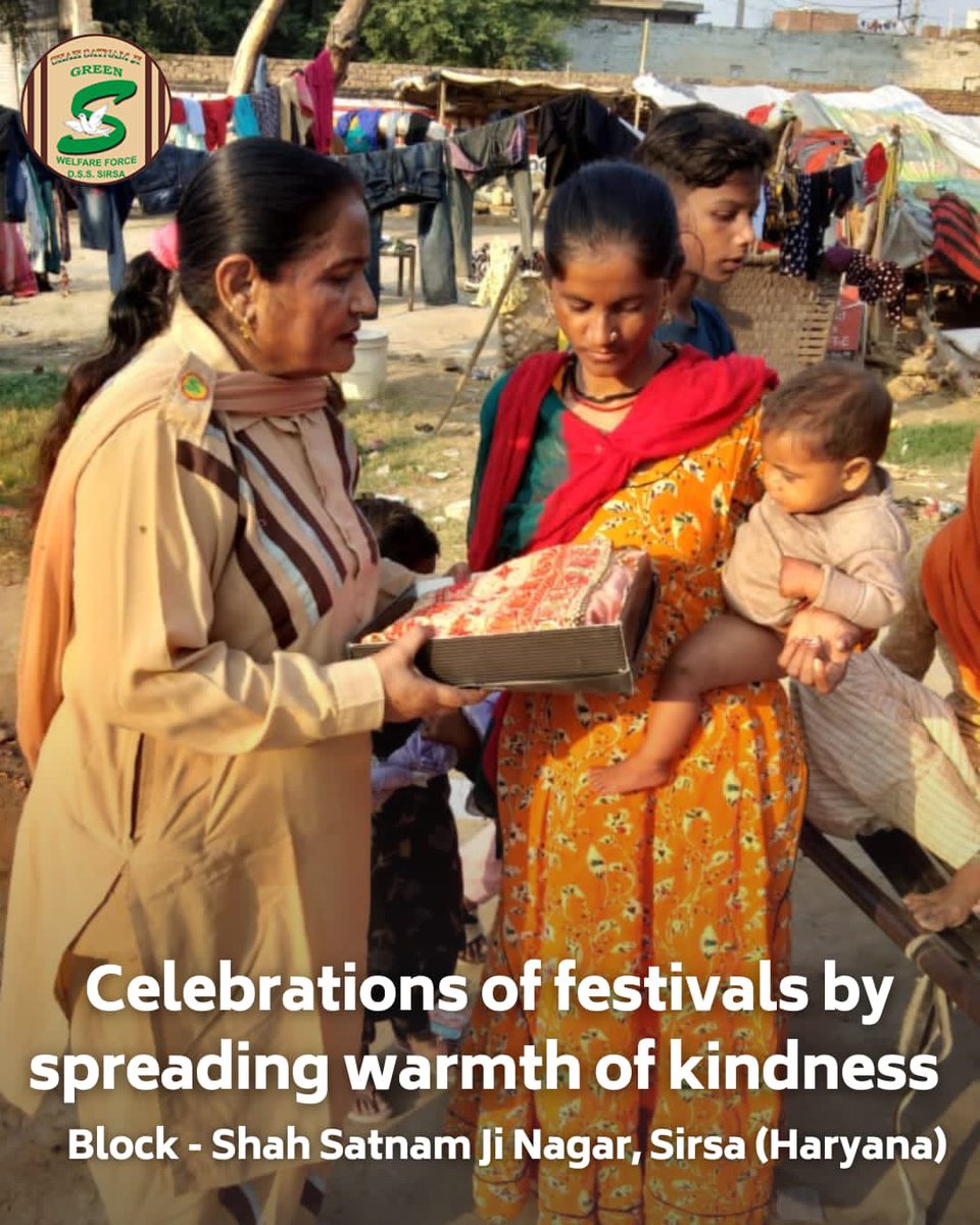 GreenSwelfares's tweet photo. Bringing the sweetness of festivities to Sirsa's slums, Shah Satnam Ji Green 'S' Welfare Force Wing volunteers distributed clothes and sweets, weaving threads of joy all around! Their kindness reminds us that the spirit of celebration knows no bounds. #FestiveVibes #SharingIsCaring #DeraSachaSauda