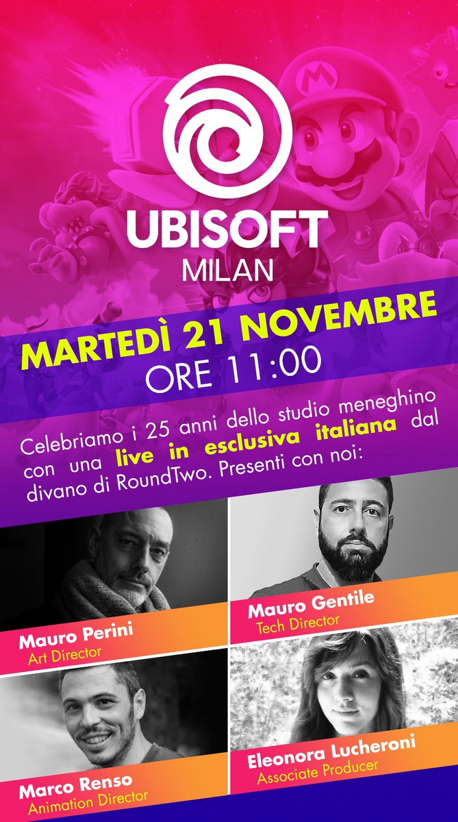 _Mdk7_'s tweet image. Martedì 21 su #RoundTwo succede questa cosa qui. Siateci, saranno due ore di celebrazione, di chiacchiera e di dietro le quinte credo e spero memorabili, per il 25° compleanno di Ubisoft Milan.