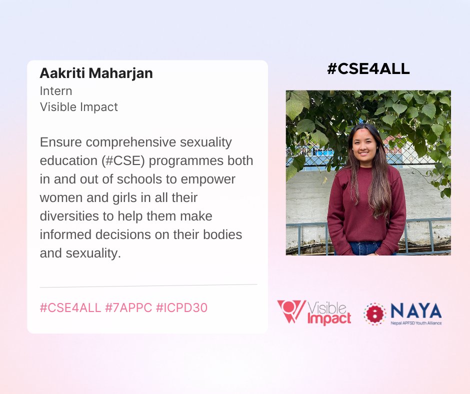 NepalAPFSD's tweet photo. Ensure comprehensive sexuality education (#CSE) programmes both in and out of schools to empower women and girls in all their diversities to help them make informed decisions on their bodies and sexuality. - Aakriti Maharjan #CSE4ALL #7APPC #ICPD30
@ARROW_Women
@Vis_Im https://t.co/DqTQmXOeUh