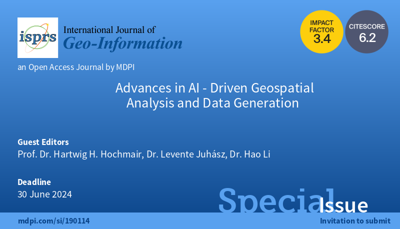 📢The #SpecialIssue "Advances in AI-Driven #Geospatial Analysis and Data Generation" is online and we welcome you to submit your research!

Edited by Prof. Dr. Hartwig H. Hochmair, <a href="/juhaszlevi/">Levente Juhász</a>  and <a href="/bobleegogogo/">Hao Li</a> 

🗓️Submissions deadline: 30 June 2024

👉mdpi.com/journal/ijgi/s…