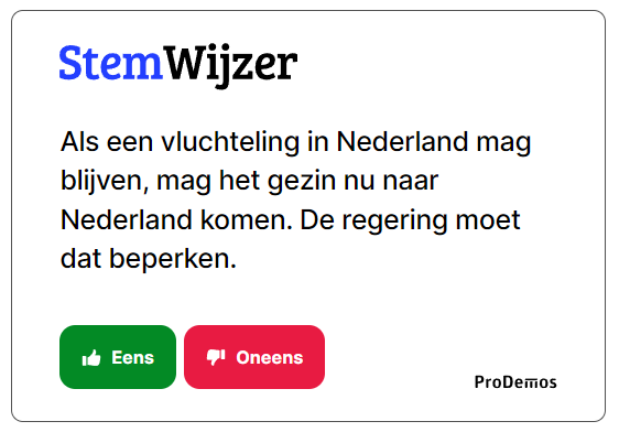 Als een vluchteling in Nederland mag blijven, mag het gezin nu naar Nederland komen. De regering moet dat beperken. 

👉Wat vind jij? Doe de StemWijzer op StemWijzer.nl 

#verkiezingen2023 #StemWijzer #TweedeKamer #TK2023