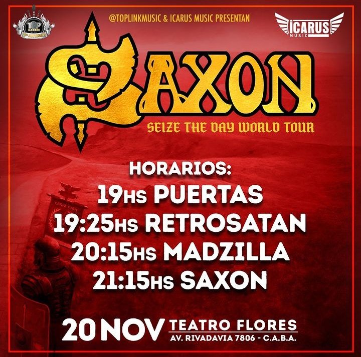 .<a href="/SaxonOfficial/">Saxon</a> 🦅llega a #BuenosAires 🇦🇷 y se presentará este lunes 20 de noviembre en el <a href="/TeatroFlores/">Teatro Flores 🎭</a> 🎭.

Estos son los horarios ⏰⤵️