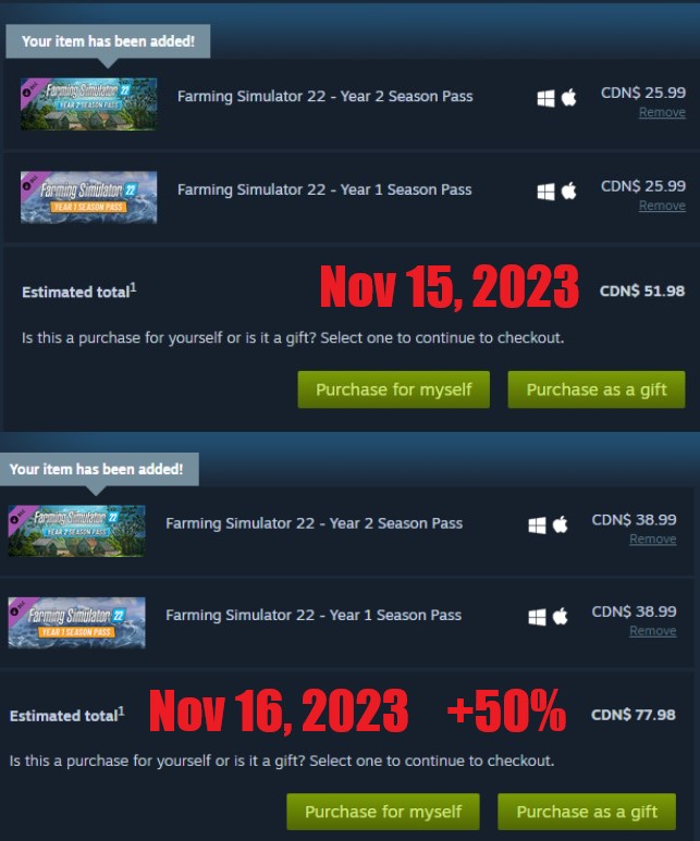 TNether3's tweet photo. #FarmingSimulator22 #fs22  one DLC is the same price as the base game with a 50% increase in one day, have they lost their minds. Not really a #SteamDeals or worth it at those prices. https://t.co/G7Ts8BxwlB