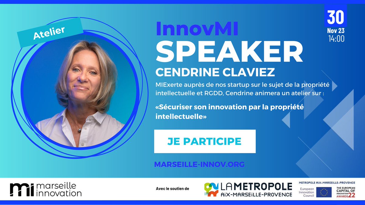 Marseille Innovation (@marseilleinnov) on Twitter photo ๐๏ธJ-15: ๐๐ป๐ป๐ผ๐๐ ๐ ๐ฏ๐ ๐ ๐ฎ๐ฟ๐๐ฒ๐ถ๐น๐น๐ฒ ๐๐ป๐ป๐ผ๐๐ฎ๐๐ถ๐ผ๐ป๐๏ธ
๐๏ธFocus Speaker : Cendrine Claviez animera un atelier sur "Sรฉcuriser son innovation par la propriรฉtรฉ intellectuelle" !
๐๏ธPour en savoir + : marseille-innov.org/save-the-date-โฆ ๐๏ธJ-15: ๐๐ป๐ป๐ผ๐๐ ๐ ๐ฏ๐ ๐ ๐ฎ๐ฟ๐๐ฒ๐ถ๐น๐น๐ฒ ๐๐ป๐ป๐ผ๐๐ฎ๐๐ถ๐ผ๐ป๐๏ธ
๐๏ธFocus Speaker : Cendrine Claviez animera un atelier sur "Sรฉcuriser son innovation par la propriรฉtรฉ intellectuelle" !
๐๏ธPour en savoir + : marseille-innov.org/save-the-date-โฆ