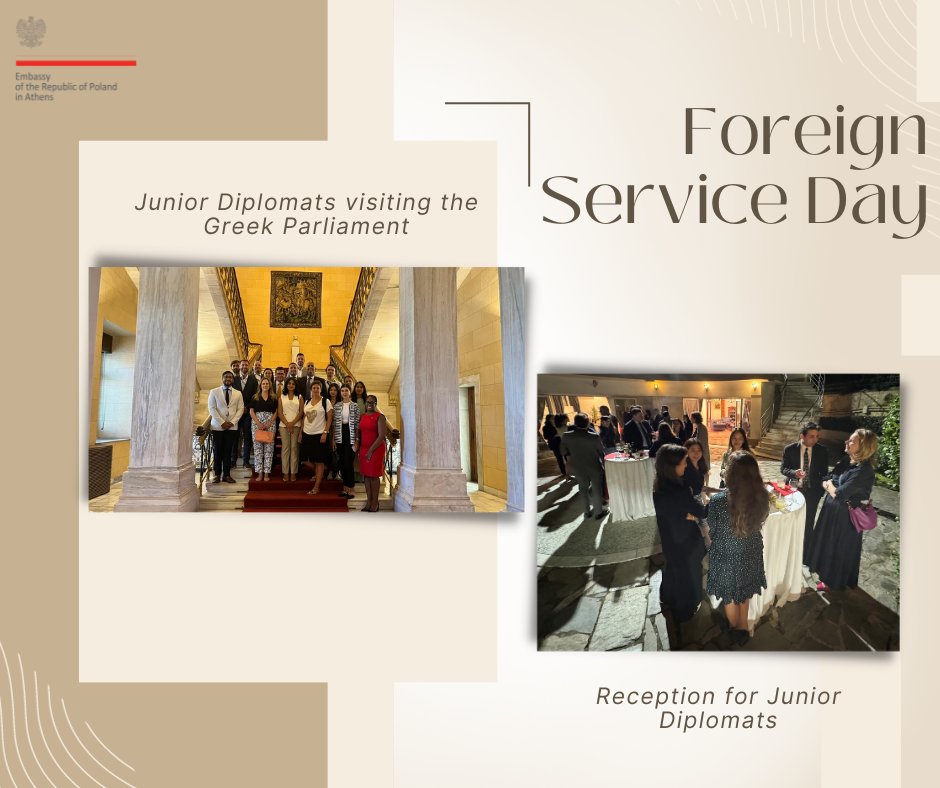 PLinGreece's tweet photo. 🇵🇱 foreign policy is implemented not only at the highest level, but also by junior diplomats of @PLinGreece, who are strongly involved in the activities of the Young Diplomats Club and promote a positive image of Poland among their foreign colleagues.#ForeignServiceDayPL #DSZ2023 https://t.co/sKmZi5tH4K