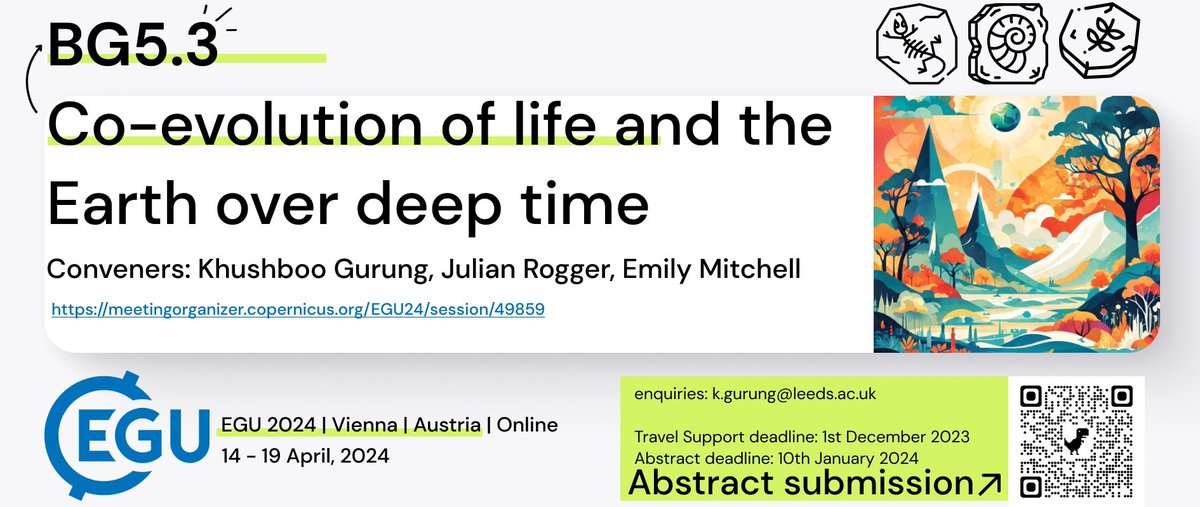 Interested in the interplay between life and Earth over deep time? Consider sending an abstract to our session BG 5.3! 🌱🦕🌎 #EGU24 @EuroGeosciences 

shorturl.at/euEN4
Deadline: 13:00 CET, 10 Jan 2024
Happy to answer any questions!