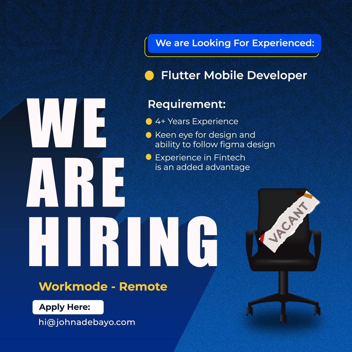 johnrich_o's tweet image. We are seeking a Passionate Flutter Mobile Developer to Join Our Team!
Are you a skilled Flutter mobile developer with a passion for creating high-quality, user-friendly apps? 
Apply: hi@johnadebayo.com
#recruiting #fluttermobile #developer #techcareer #techtalent #HIRINGNOW