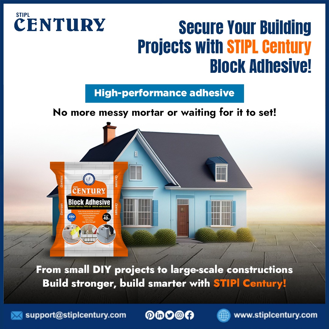 Choose  Stipl Century Block Adhesive for an economical construction solution  that doesn't compromise on quality. Build smarter, build stronger with  us!!!

For More Details-
📞: +91-9977004201 / 9825209232
Visit: stiplcentury.com

#stiplcentury #blockadhesive