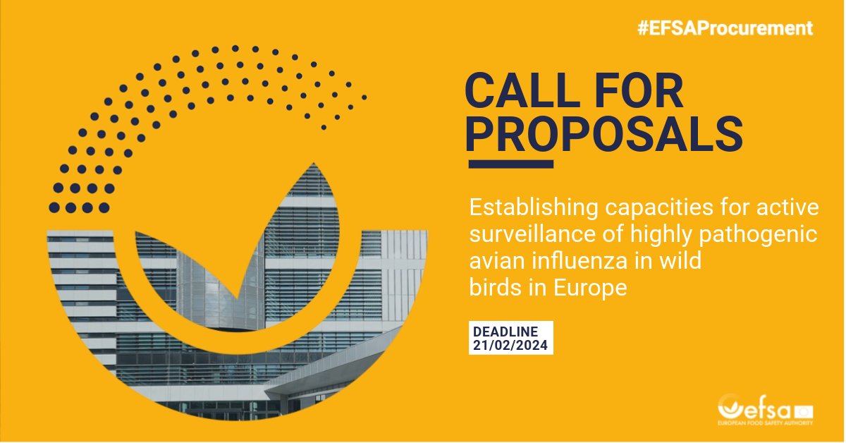 EFSA_EU's tweet photo. π°#EFSAProcurement
We are launching a call for proposals to establish a network for active surveillance of highly pathogenic #AvianInfluenza in #WildBirds
Get more details on the call here‡οΈ
https://t.co/3Vdlx1H2mW
β°21/2/24
#HPAI https://t.co/VrWE1qiMPS