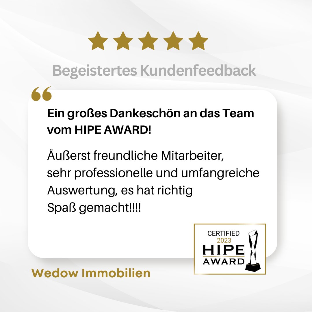 Wow, so sieht Begeisterung aus! ❤️-lichen Dank an die Wedow Immobilien für diese tolle Bewertung! Wir freuen uns, Euch in unserem High-Performance Netzwerk begrüßen zu dürfen! 🏆✨ #hipeawardseriös