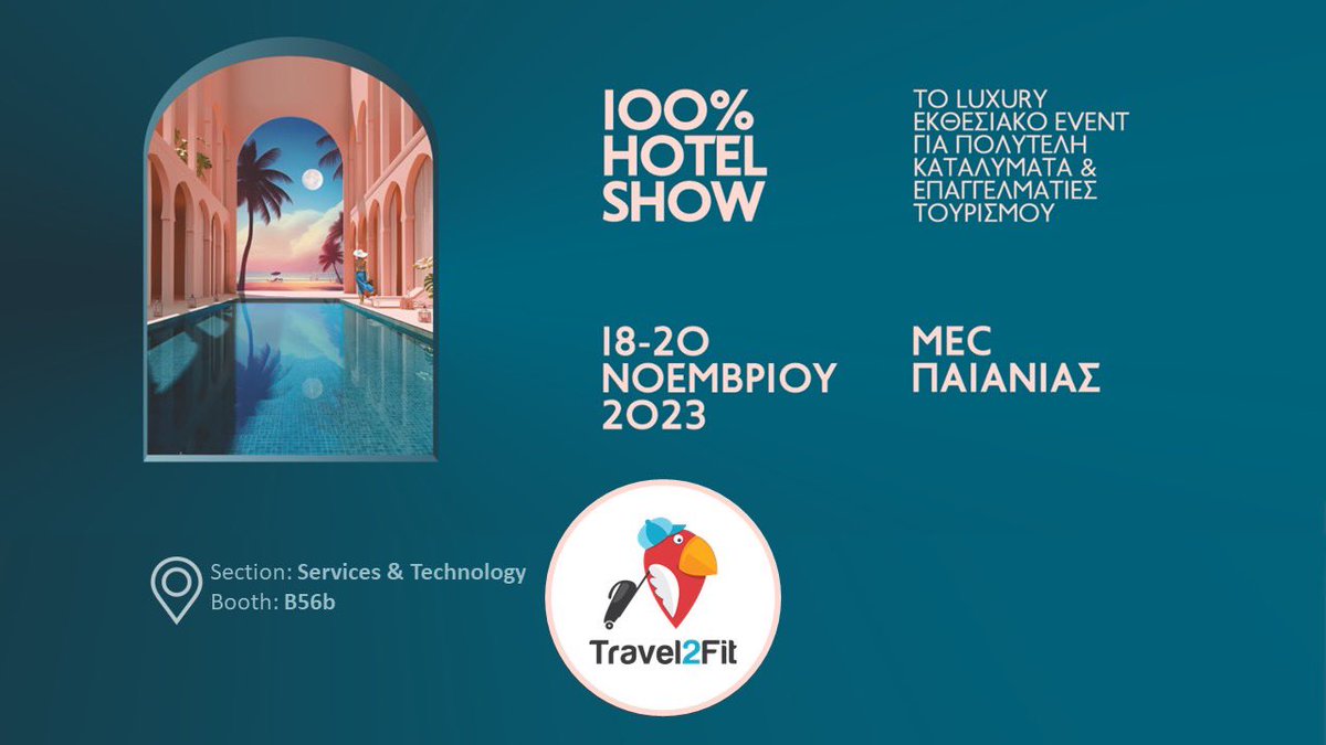 Travel2FitNow's tweet photo. 📣Επόμενη στάση 100% Hotel Show 2023!
Επισκεφθείτε την @Travel2FitNow από 18-21 Νοεμβρίου στο Εκθεσιακό Κέντρο MEC στην Παιανία, Booth No B56B και εξοικειωθείτε με τις καινοτόμες ψηφιακές λύσεις μας!
#hospitality #greekhospitality #hotelsandmore #hotelshow #100hotelshow https://t.co/fUZiT9S5Nz