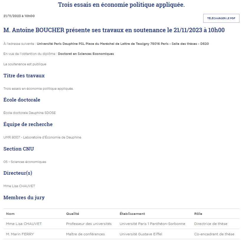 #Soutenance de thèse <a href="/Paris_Dauphine/">Université Paris Dauphine - PSL</a> le 21 novembre à 10h. 
Antoine Boucher <a href="/BoucherAntoine6/">Boucher Antoine</a> : "Three Essays in Applied Political #Economy". 
➡️dial.ird.fr/evenements/sou…
