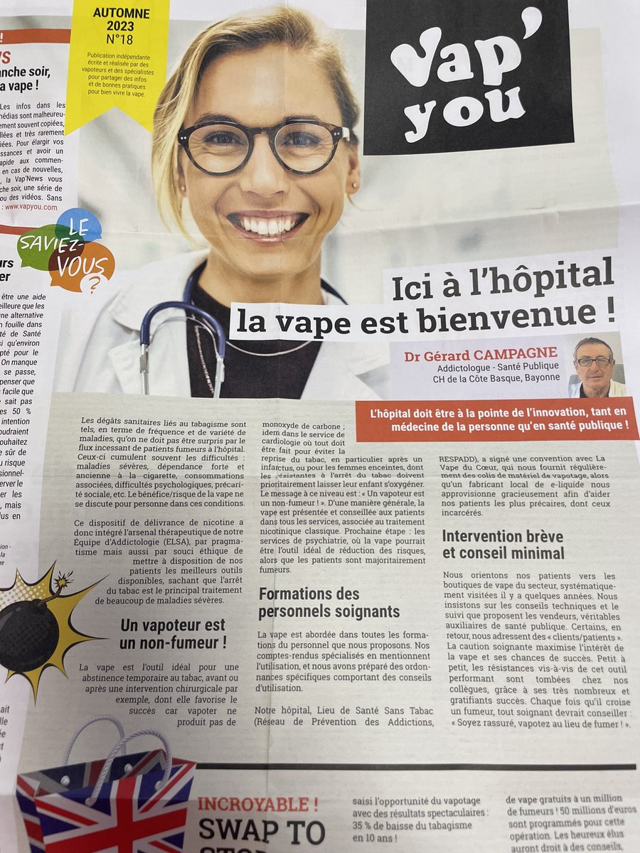 Quand les hôpitaux français s'inspirent du modèle britannique !
Dr Campagne, addictologue, recommande la #vape à ses patients tout comme l'équipe soignante du CH de la Côte Basque. Retrouvez son témoignage dans le dernier numéro du magazine #vapyou !