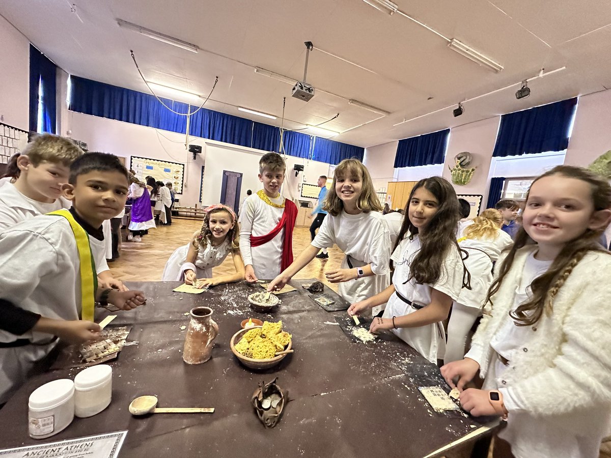 CrabtreeYr5's tweet photo. Y5 are enjoying their Greek day! 10 different Ancient Greek activities to choose from, the children choose which ones #democracy https://t.co/f74w4gh89l