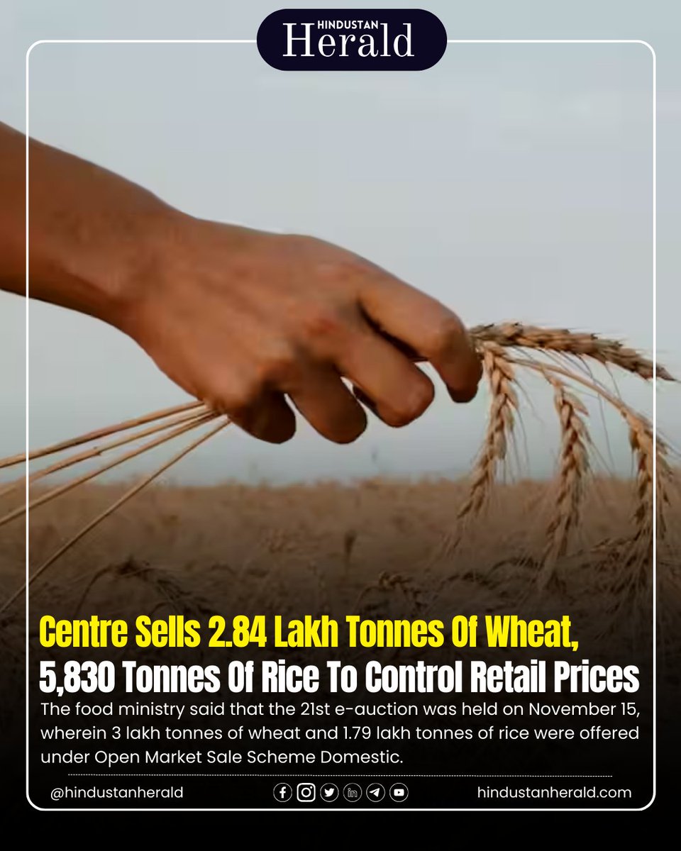 🌾 Central Government sells 2.84 lakh tonnes of wheat and 5,830 tonnes of rice to control retail prices. Share your thoughts with @hindustanherald. 🛒 

#GovernmentIntervention #HindustanHerald