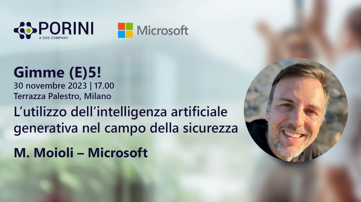 “L’utilizzo dell’intelligenza artificiale generativa nel campo della sicurezza”: ne parla Marco Moioli, Cloud Solution Architect di <a href="/Microsoft/">Microsoft</a>, in occasione dell’Evento 𝗚𝗶𝗺𝗺𝗲 𝗘(𝟱)! in programma il 30 Novembre presso Terrazza Palestro.
 👉 lnkd.in/eAAht6fq